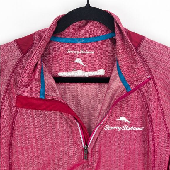 Tommy Bahama 1/4 Zip Men's Large Pima Cotton Poly Blend Bright Red White Logo - Picture 4 of 10